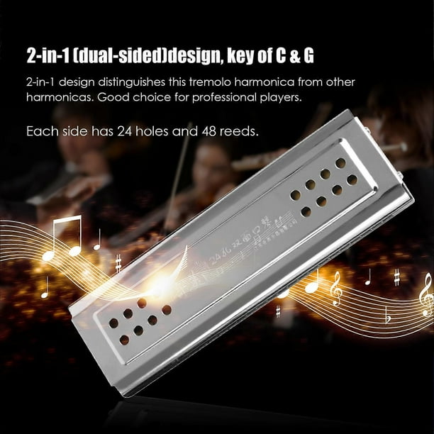 2-in-1 Tremolo Harmonica Mouth Organ Dural Key of C&G 24 Double Holes with 48 Reeds Free Reed Wind Instrument with Padded Box Cleaning Cloth
