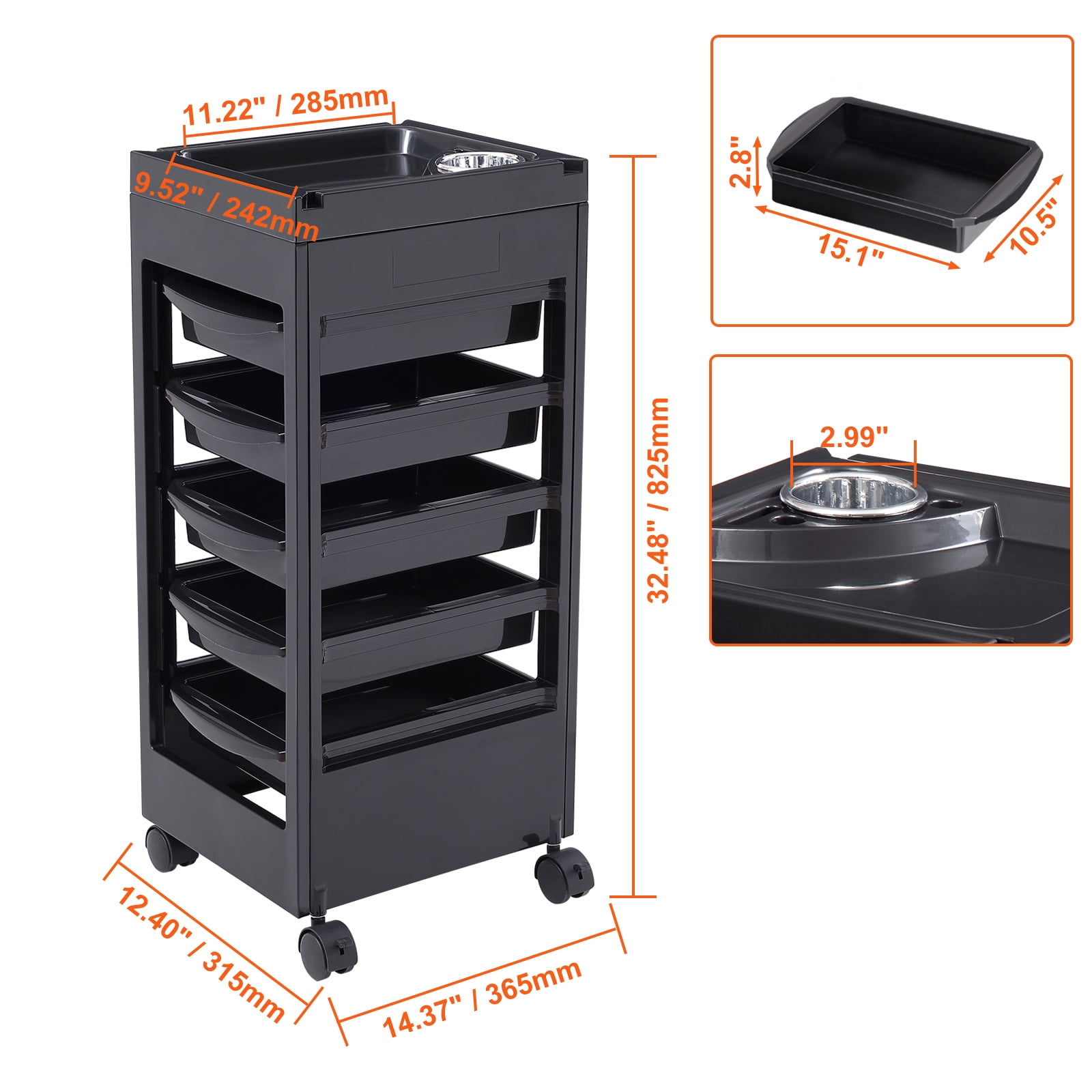 KFFKFF Beauty Salon Rolling Cart Plastic Salon Trolley with 5 Drawer and 4 Wheel