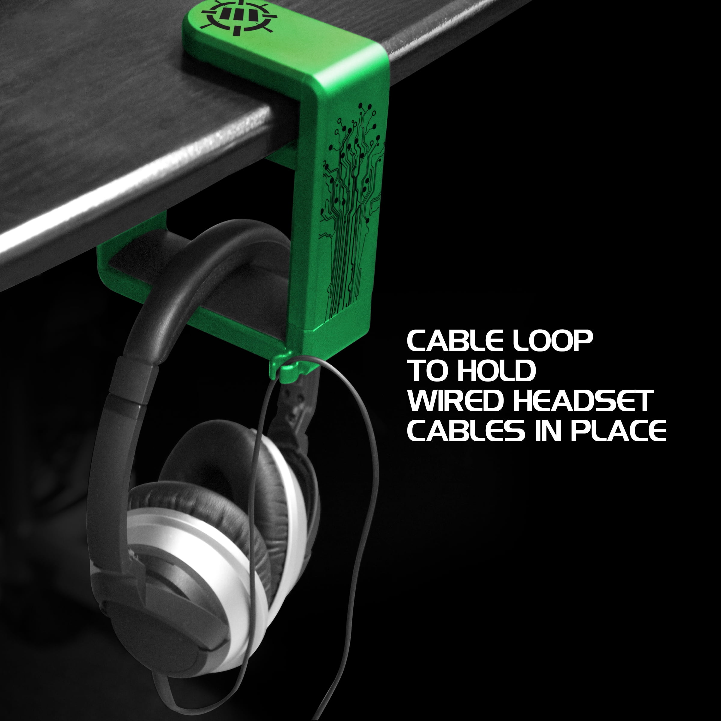 ENHANCE PC Gaming Headphone Holder Headset Hanger Mount - Headphones Stand with Adjustable 360 Rotating Arm , Under Desk Clamp On Design , Universal Fit , & Built In Cable Clip Organizer - Green