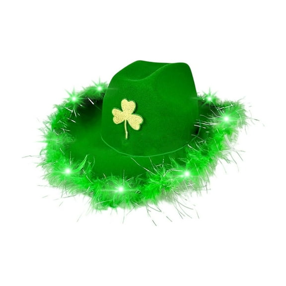 St Patricks Day Cowboy Hat, Popular LED Green Clovers Hat for Holiday Props Hats Festival Event Head All Ages A