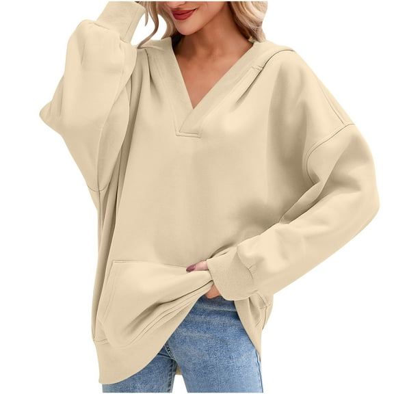 successthop Hoodie with Pockets for Women Thick Fleece V Neck Long Sleeve Streetwear Sweaters Solid Winter Tops Beige M