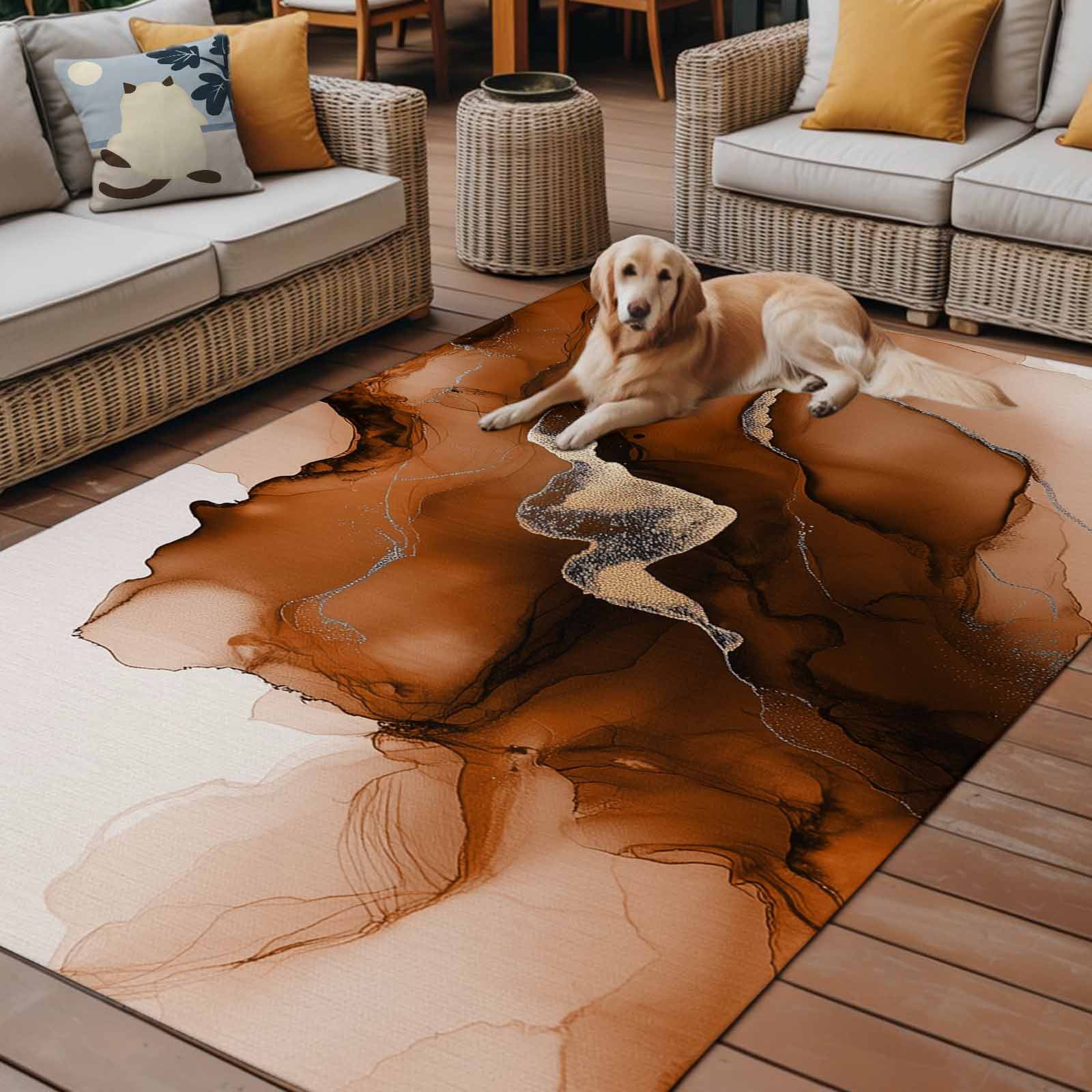 Outdoor Rug 5x8ft Abstract Ombre Chestnut Marble Large Area Rug White Modern Art Indoor Outdoor Carpet Outdoor Rugs Mats for Patio Camping,RV,Front Door, Outside Decor