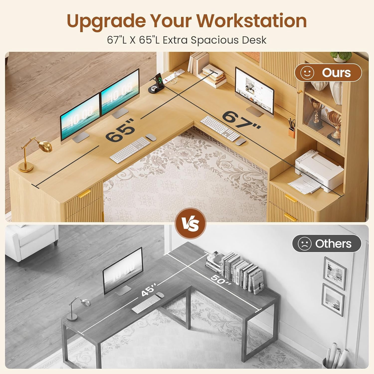 SEDETA 67" L Shaped Desk with Hutch, Corner Home Office Desk with Power Outlets, Fluted Computer Desk with File Drawer, Storage Cabinet & Glass Display Cabinet for Bedroom, Gaming Desk, Oak
