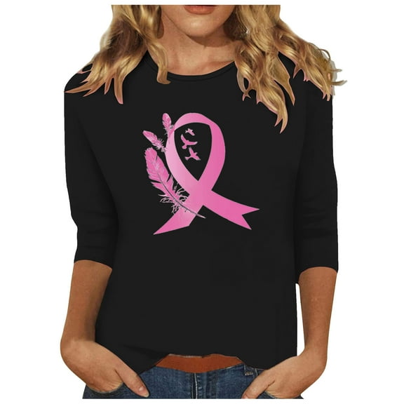 Alkepwun Breast Cancer Shirt for Women Love Heart Pink Ribbon Shirt Cancer Awareness T-Shirts Support Survival 3/4 Sleeve Tops