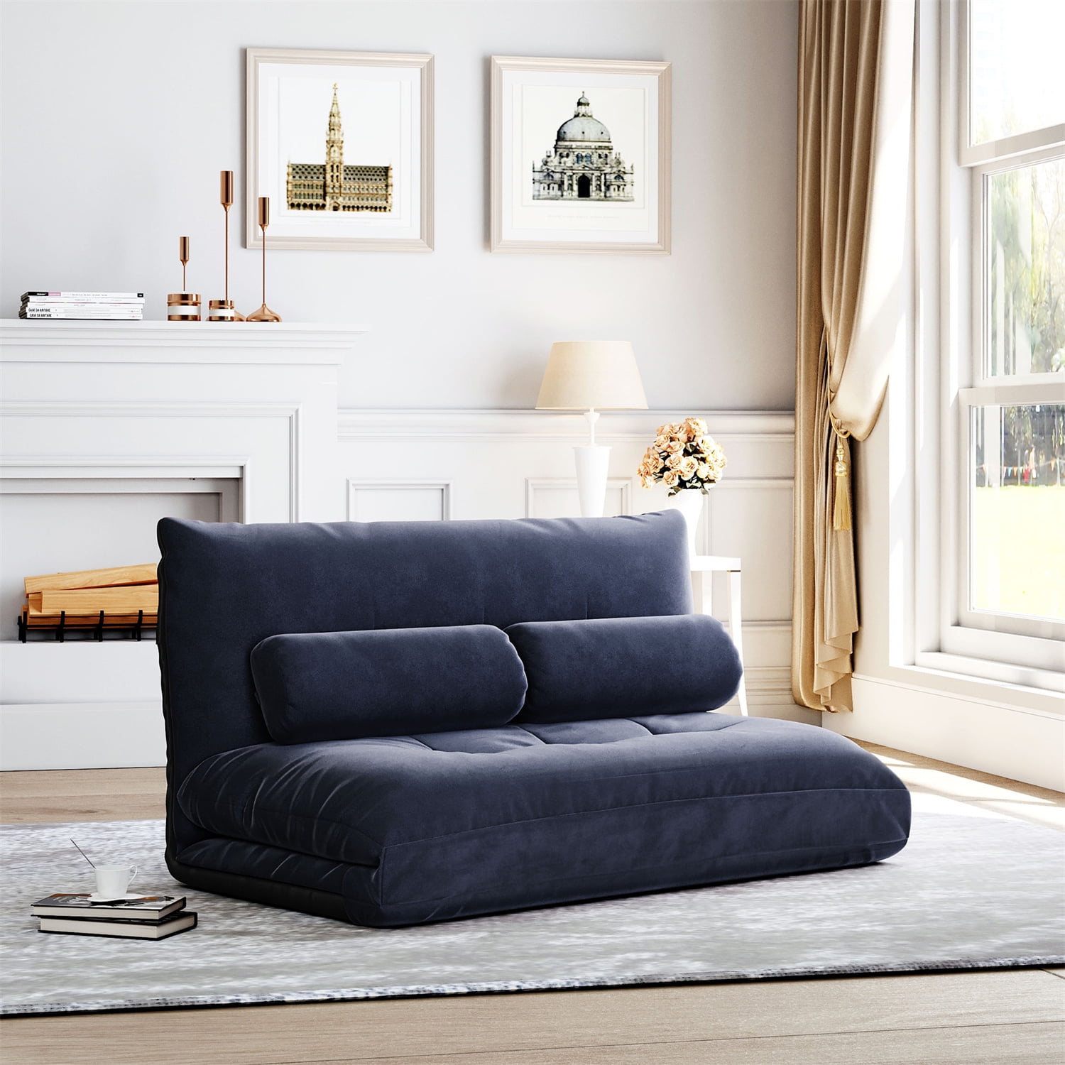 Lazy Sofa Floor Sofa, Futon Sofa Thicken Double Chaise, Folding Lounge Sleeper Sofa Bed Couch, Floor Gaming Couch, Cushioned with Two Pillows, Antique Navy - Walmart.com