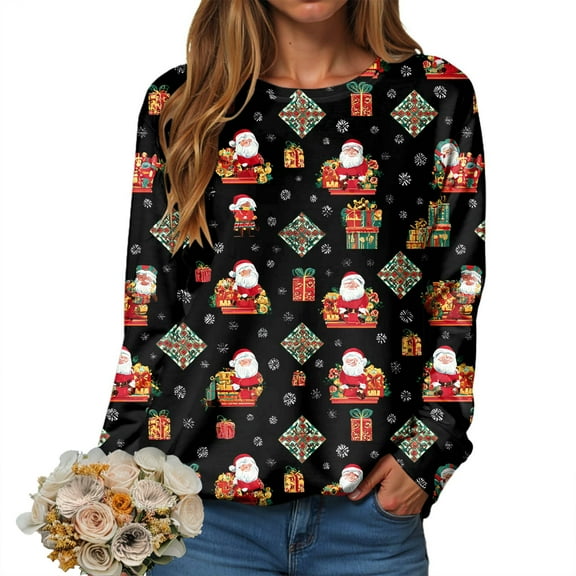 larppty Christmas Patchwork Print Sweater Fashion Sweatshirt Ugly Sweater Christmas Costume for Women （Black, S）