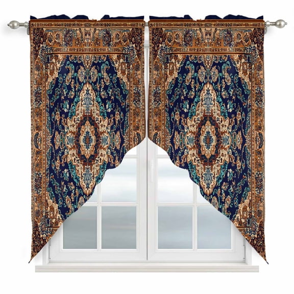 Swag Valance Curtains for Windows, Blue Burnt Orange Boho Light Filtering Kitchen Curtains with Rod Pocket, Antique Tribal Southwestern Window Treatment Valances for Living Room, 36x45 - 2 PCS