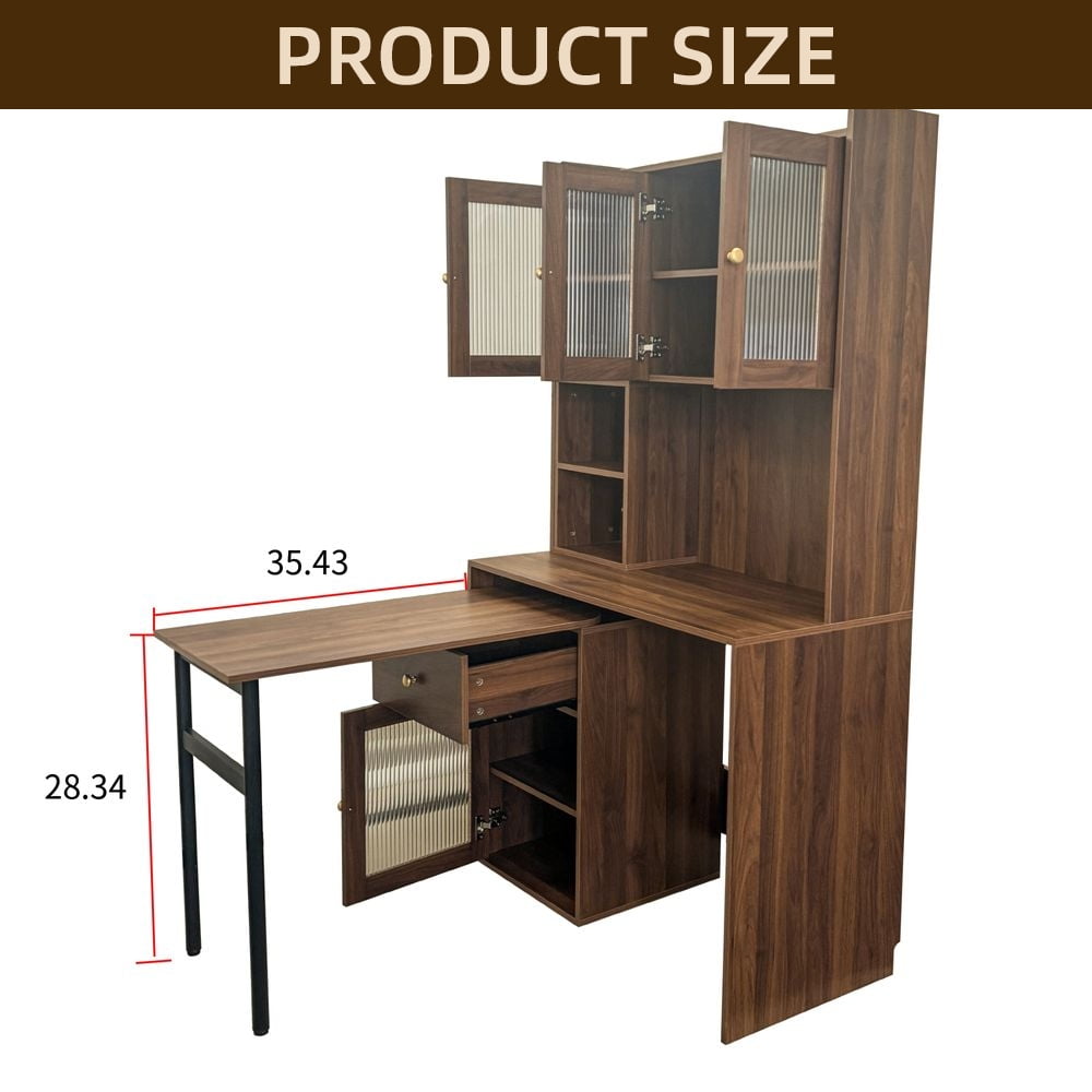 LUMAMIN Rotating Computer Desk, L Shaped Desk Writing Table Home Office Workstation with 90° Extendable Desktop, Glass-Door Cabinets, Bookshelf & Hutch, White