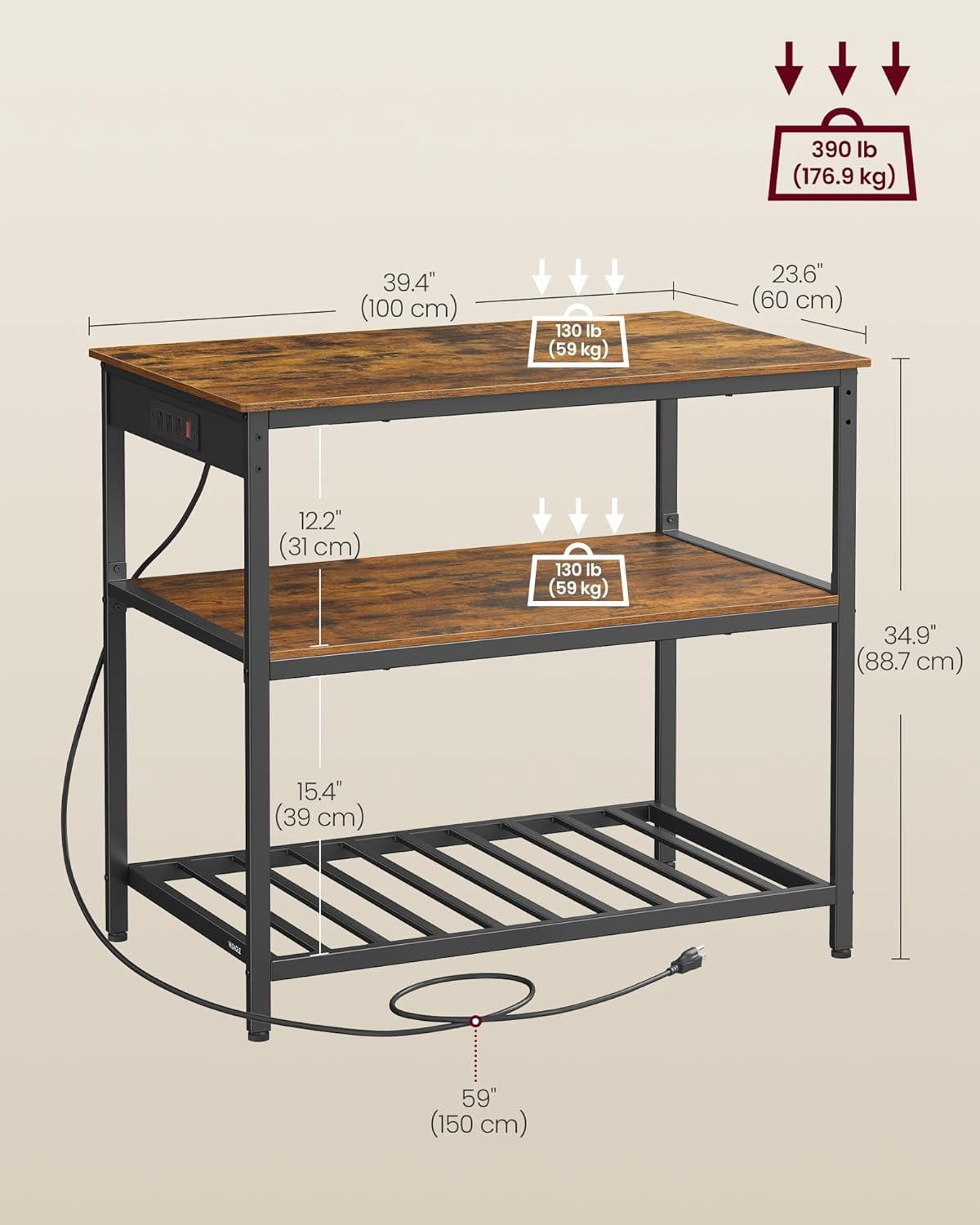 Kitchen Island with 3 Shelves, 39.4 Inches Width Kitchen Shelf with Power Strip, Large Worktop, Stable Steel Structure, Industrial, Easy to Assemble