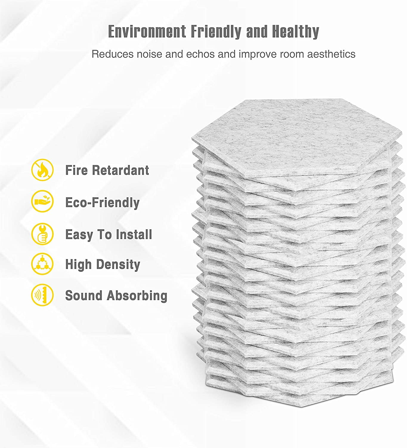 Sonic Hexagon Sound Absorption Acoustic Panels Beveled Edge Silver Grey 12'' X 14'' X 0.4'' 12 Panel