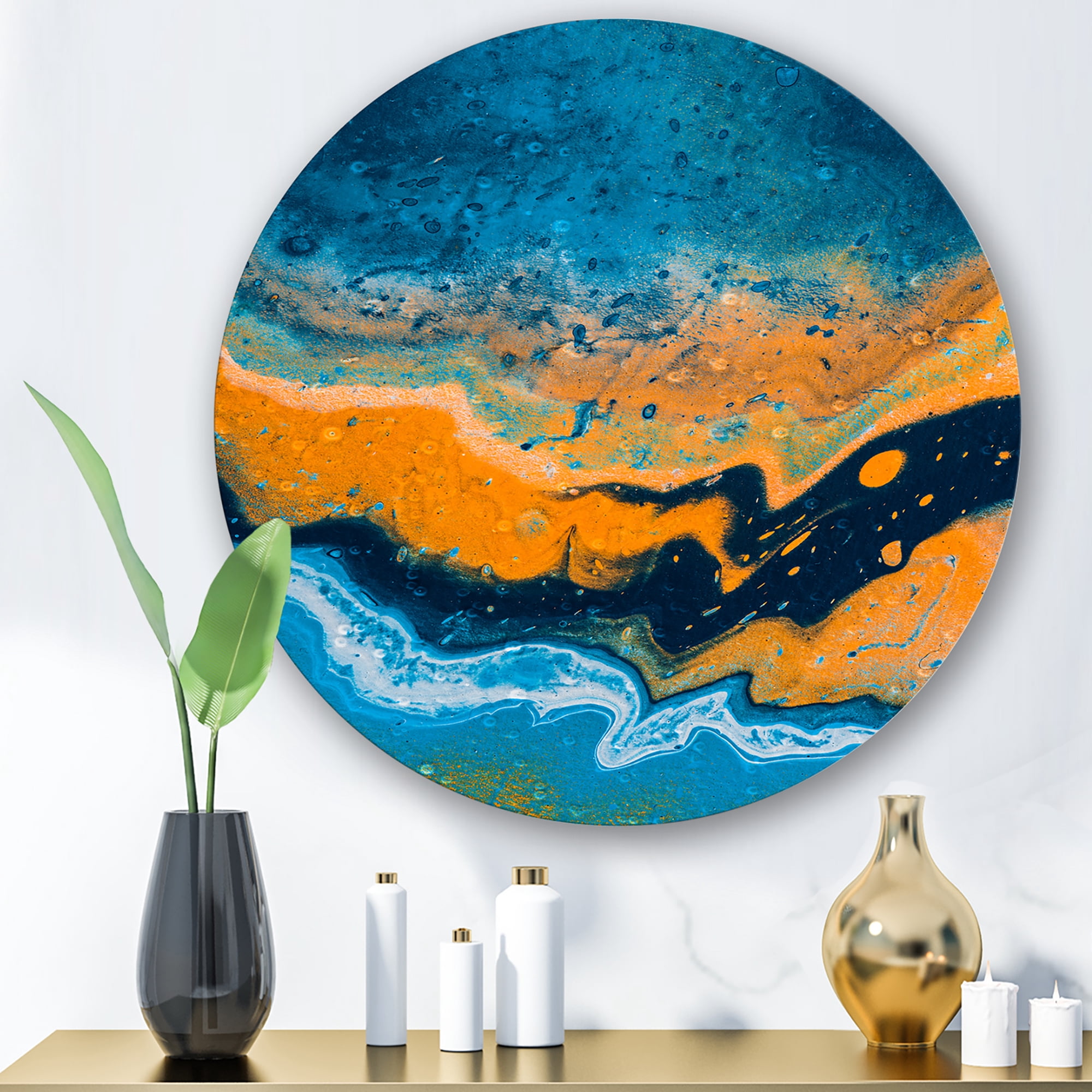 Designart 'Abstract Marble Composition In Orange and Blue IV' Modern Circle Metal Wall Art 23x23 - Disc of 23