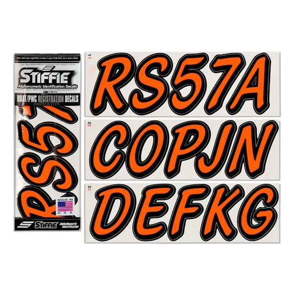 STIFFIE Whipline Solid Electric Orange/Black 3" Alpha-Numeric Registration Identification Numbers Stickers Decals for Boats & Personal Watercraft