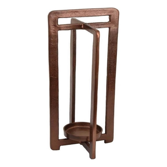 Benjara Eya 21" Modern Tabletop Candle Lantern with Round Plate-Copper Metal