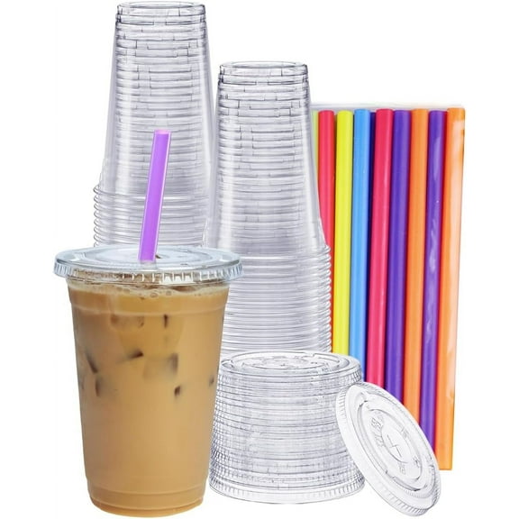 GUSTO 20 Oz Clear Plastic Cups with Flat Lids & Straws for Coffee, Slushie, Milkshakes, 100-Pack