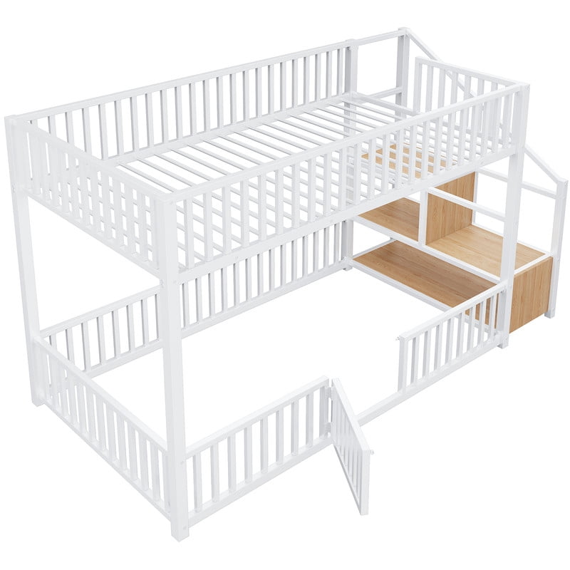 Twin Size Versatile Loft Bed with No Slat Floor Bed & Safety Guardrails, Kids Storage Bunk Bed Frame with Stair