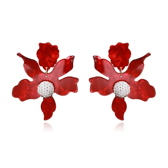 Red Acrylic Big Flowers Dangle Statement Earrings for Women Chic CZ Floral Bud Dangling Drop Earring