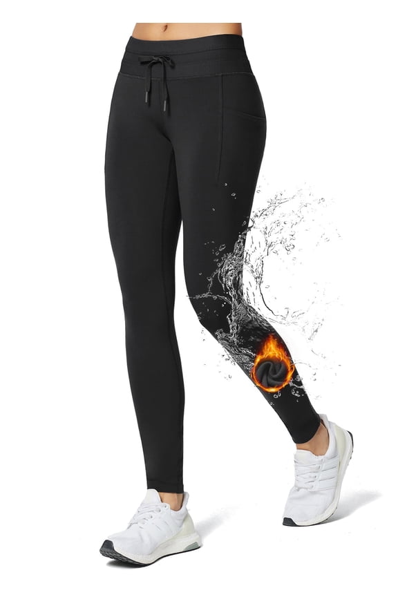 Women's Fleece Lined Warm Leggings Winter Thermal Waterproof Tights High Waisted Ski Hiking Pants Gear with Pockets Black L