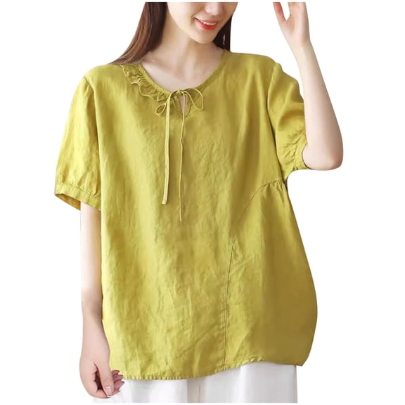 Akafmk Plus Size Womens Tops,Blouses for Women Summer Tops,Short Sleeve Tops Solid Color Loose Fitting Round Neck Linen Blouses Tunic Tops