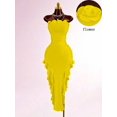 thumbnail image 5 of Yellow Womens Fitted Asymmetrical Hem 3D Floral Bandeau Dress, Ruched Body with Layered Ruffle Skirt, 5 of 6