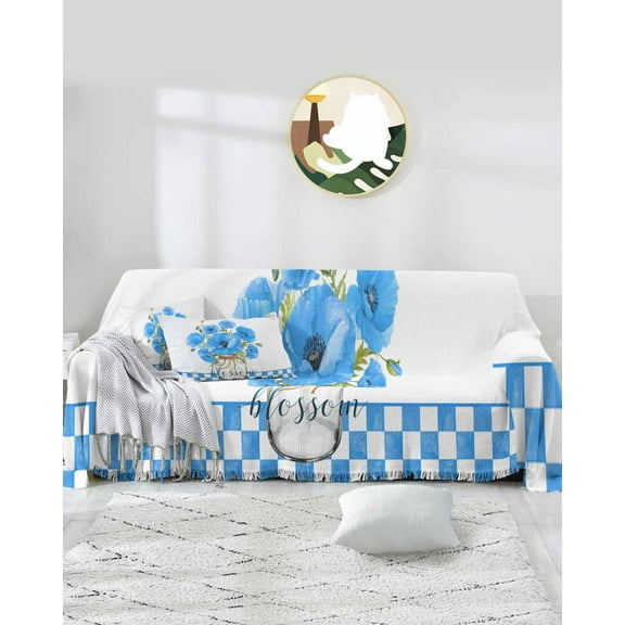 Blue Flower Plaid Sofa Covers for 3 Cushion Couch,Washable Sectional & L Shape Couch Covers for Dog/Cat/Kid,Spring Summer Floral Lattice Pastoral Country Non Slip Sofa Slipcover Futon Cover 71x150