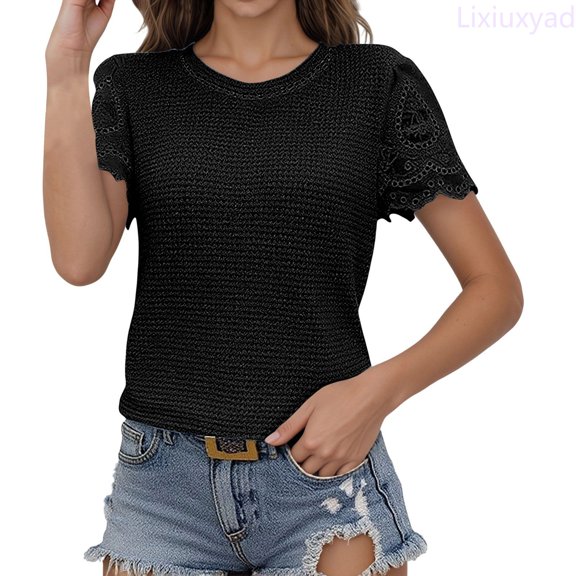 Lixiuxyad Women's Round Neck Lace Trimmed Style Solid Short Sleeve T Shirt Floral Cute,Black L