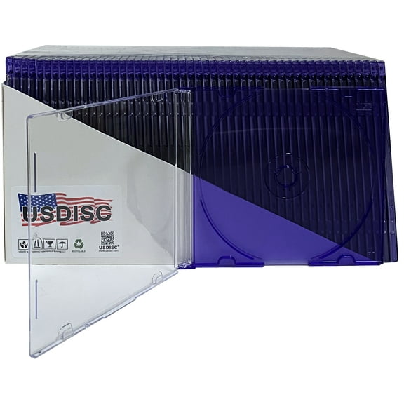 USDISC CD Jewel Cases Slimline 5.2mm, Single 1 Disc, Clear Purple, Pack Of 200