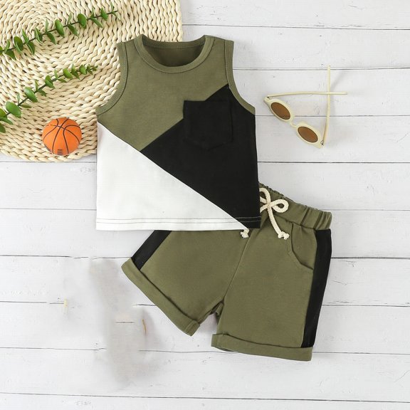 AUDeals Boys Sleeveless Round Neck Color Block Undershirt & Shorts Suit, Summer Casual Trendy Outfits Comfortable Boys Set (Green, 2-3 Years)