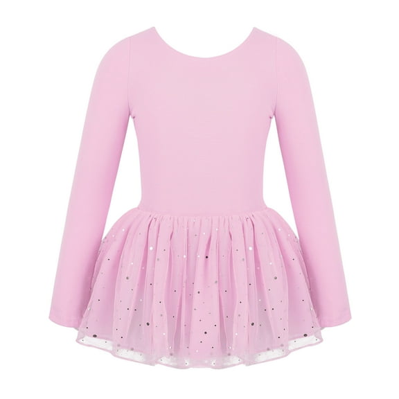 iiniim Kids Girls Shiny Long Sleeve Ballet Dance Tutu Dress Dancewear Gymnastics Skirted Leotard