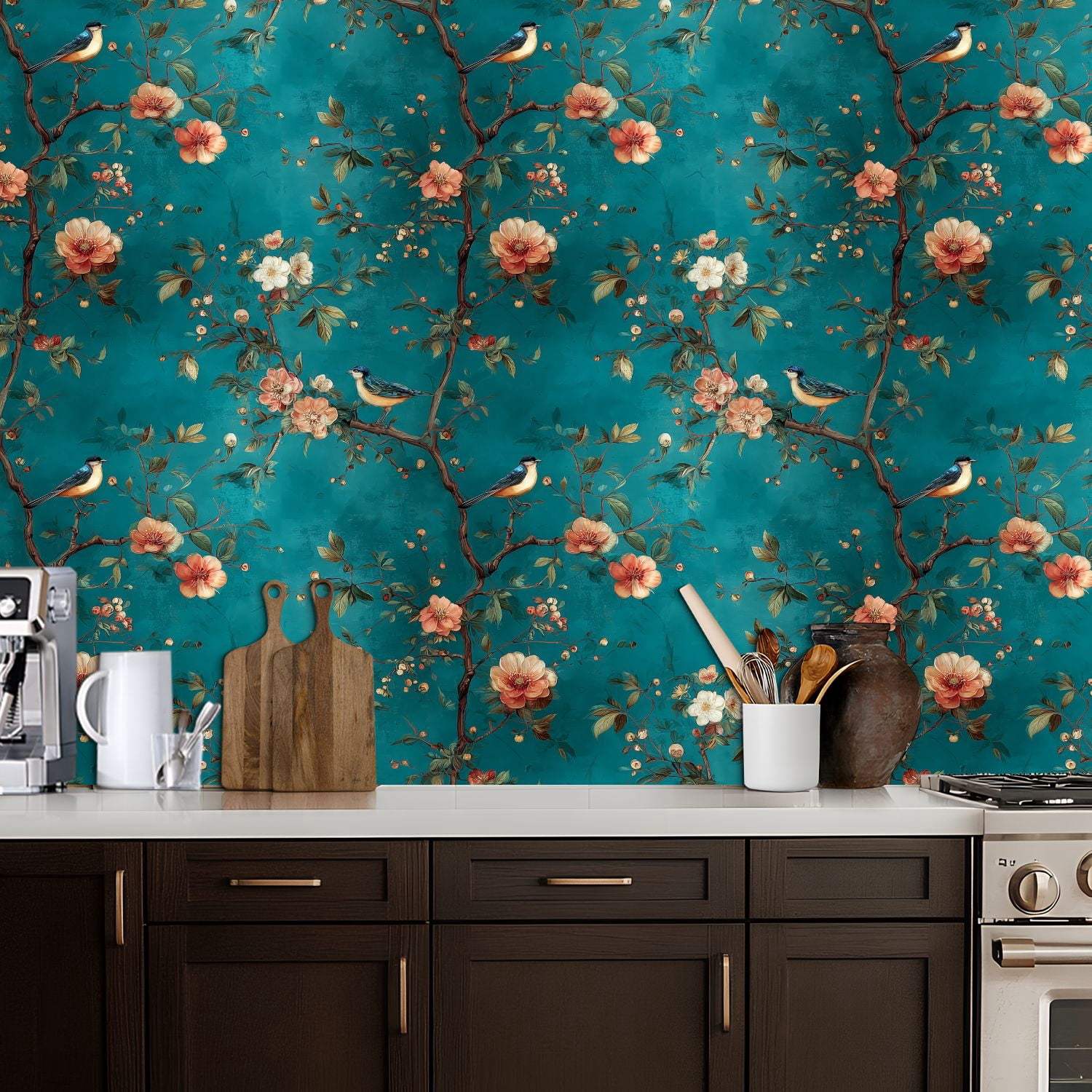 Peel and Stick Wallpaper Bluebirds Floral Branches Teal Vintage Floral Wall Mural 17.7in x 9.8ft Self Adhesive Removable Wall Paper Renter Friendly Wallpaper for Nursery Bedroom Cabinets