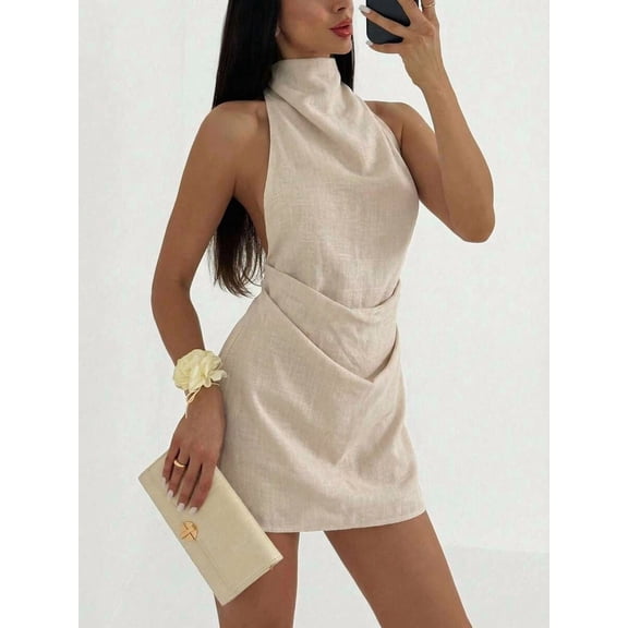 Khaki Solid High Neck Sleeveless Mini Dress, Elegant Slip Style For Party Or Vacation
