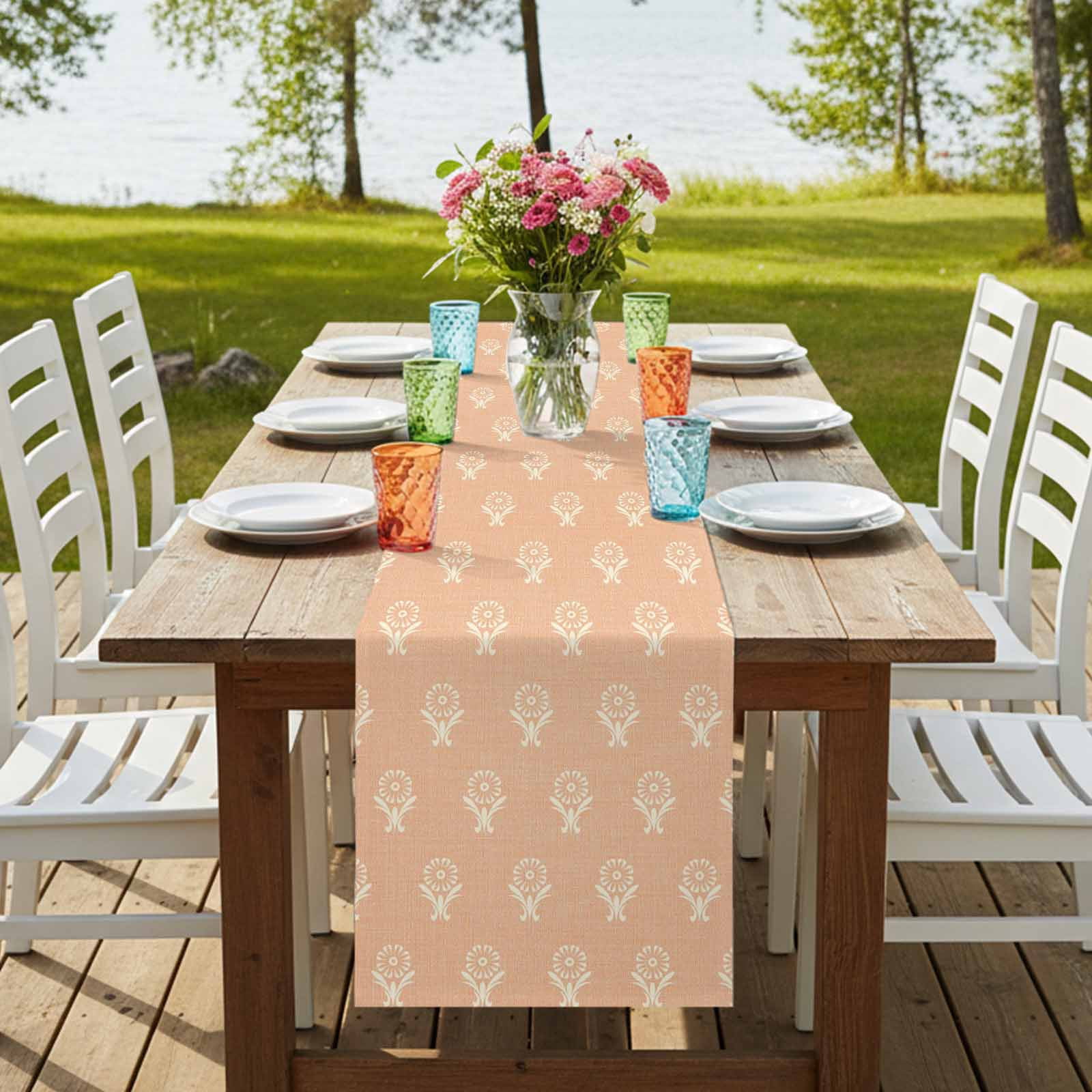 Abstract Bohemia Burlap Cotton Table Runner 13x48 Inches Long, Modern Boho Floral Orange Farmhouse Table Runners, Outdoor Dining Tablecloths Decor for Baby Shower/Party/Wedding