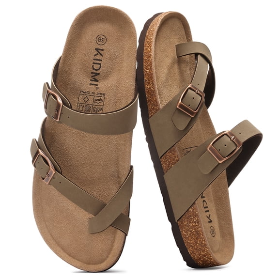 Litfun Suede Cork Footbed Sandals for Women Summer Arch Support Slide Sandals with Adjustable Buckles, Brown