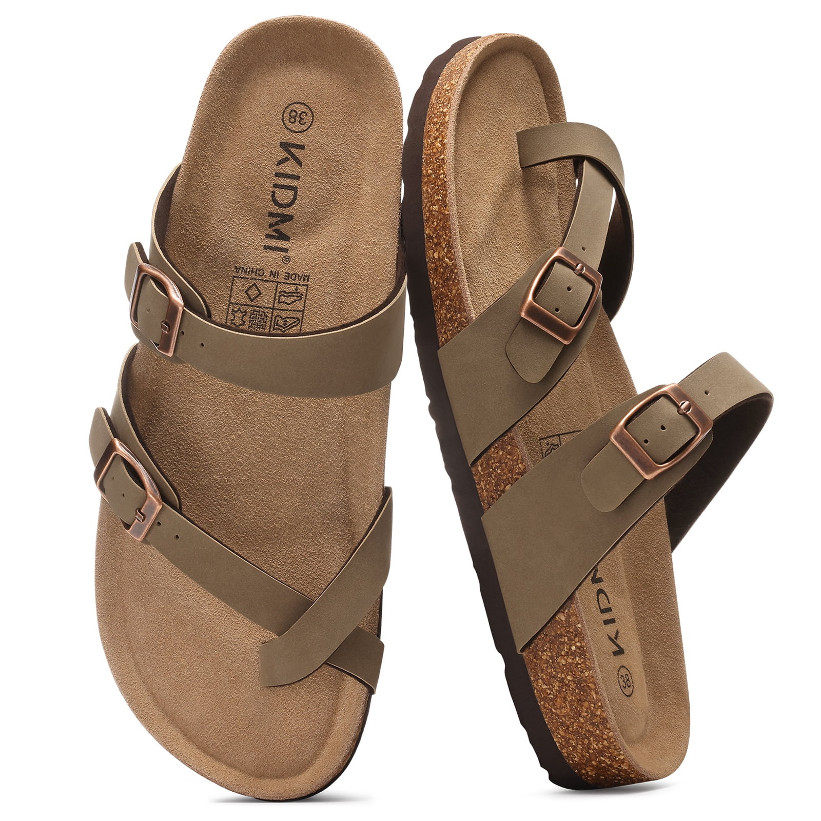 Litfun Suede Cork Footbed Sandals for Women Summer Arch Support Slide Sandals with Adjustable Buckles, Brown
