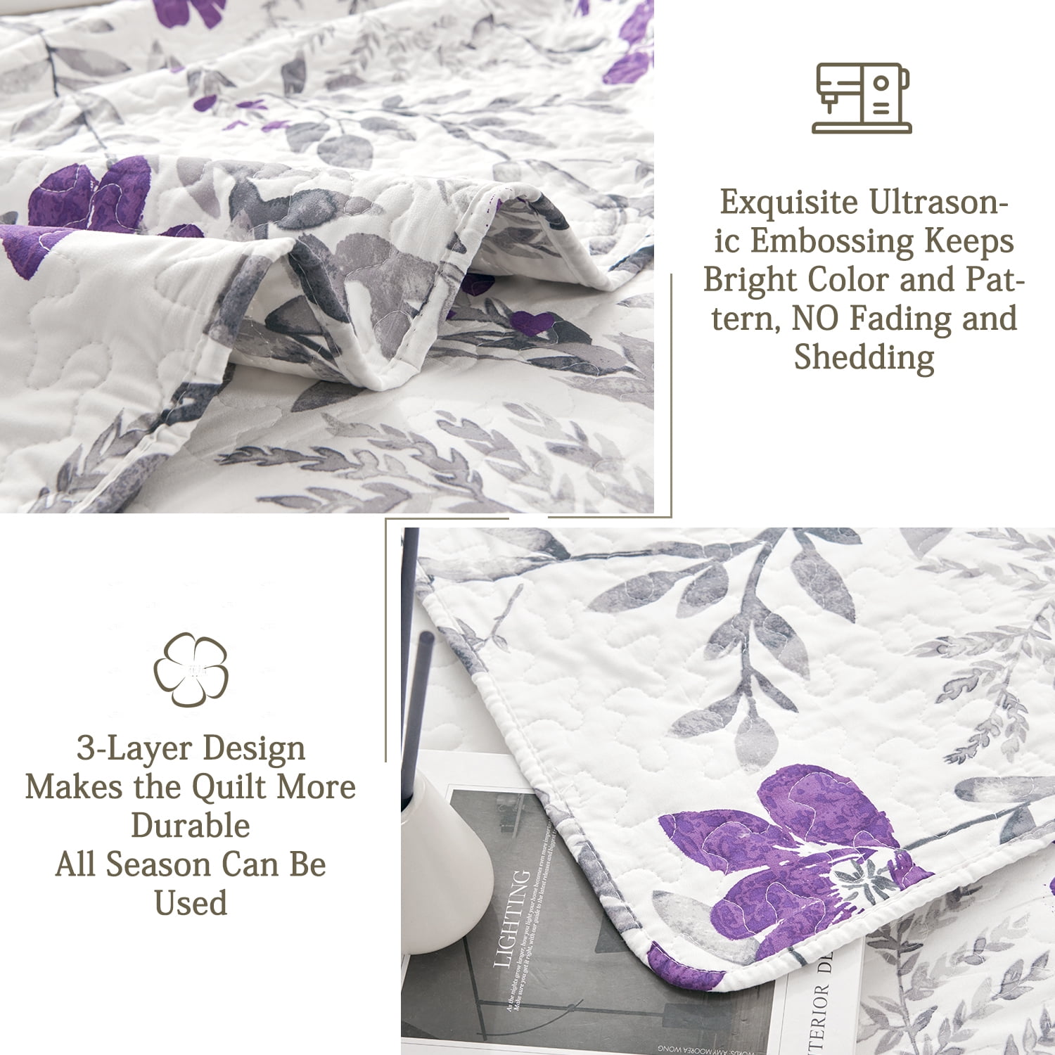 Green Essen Quilt Set Twin Size 3 Piece Bedspread Coverlet Home Lightweight Quilt Bedding Country Dark Scent Purple Flower Quilt Soft Microfibers Quilt Bedspread with Pillow Shams