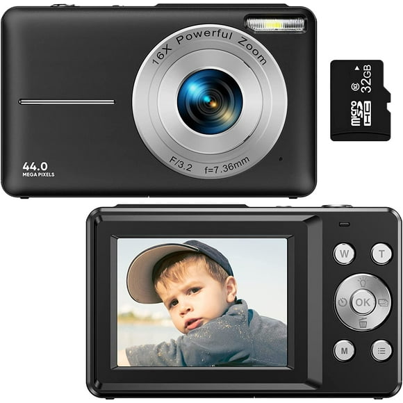 Digital Camera, Kids Camera with 32GB Card FHD 1080P 44MP Vlogging Camera 16X Zoom Compact Portable Mini Rechargeable Camera Gifts for Students Teens Adults Girls Boys-Black