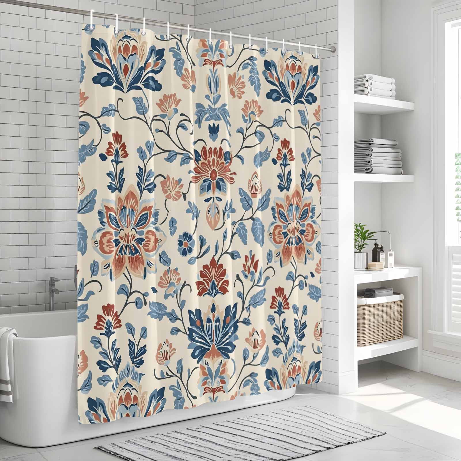 Shower Curtain Bathroom Set Boho Abstract Flower Botanical Waterproof Fabric Shower Curtains with Grommets&Hooks, Retro Ombre Blue Floral Privacy Bath Curtain for Bathtub 72x84in