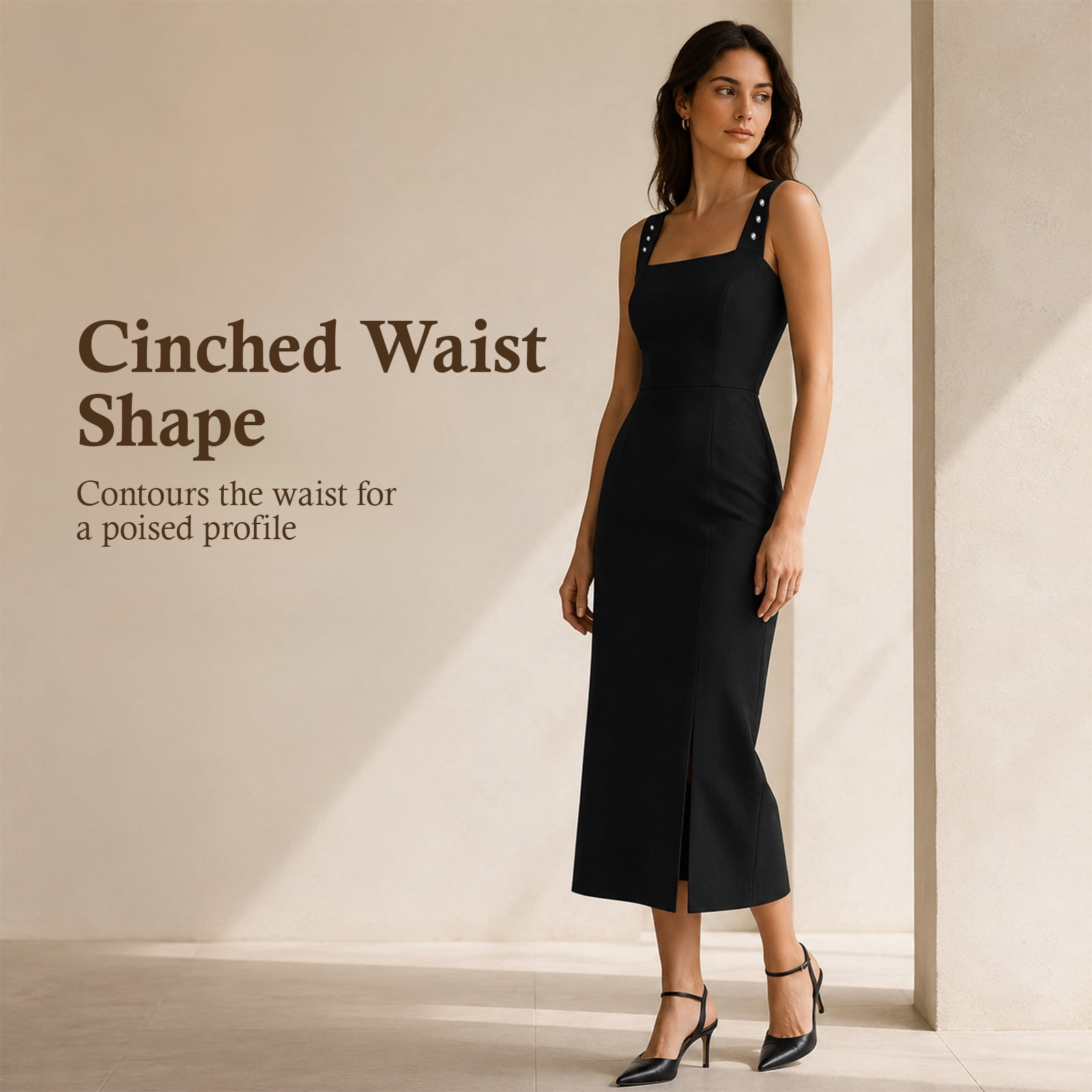 Alvantor Summer Dresses for Women, Sleeveless Square Neck Fit and Flare Midi Dress, Black