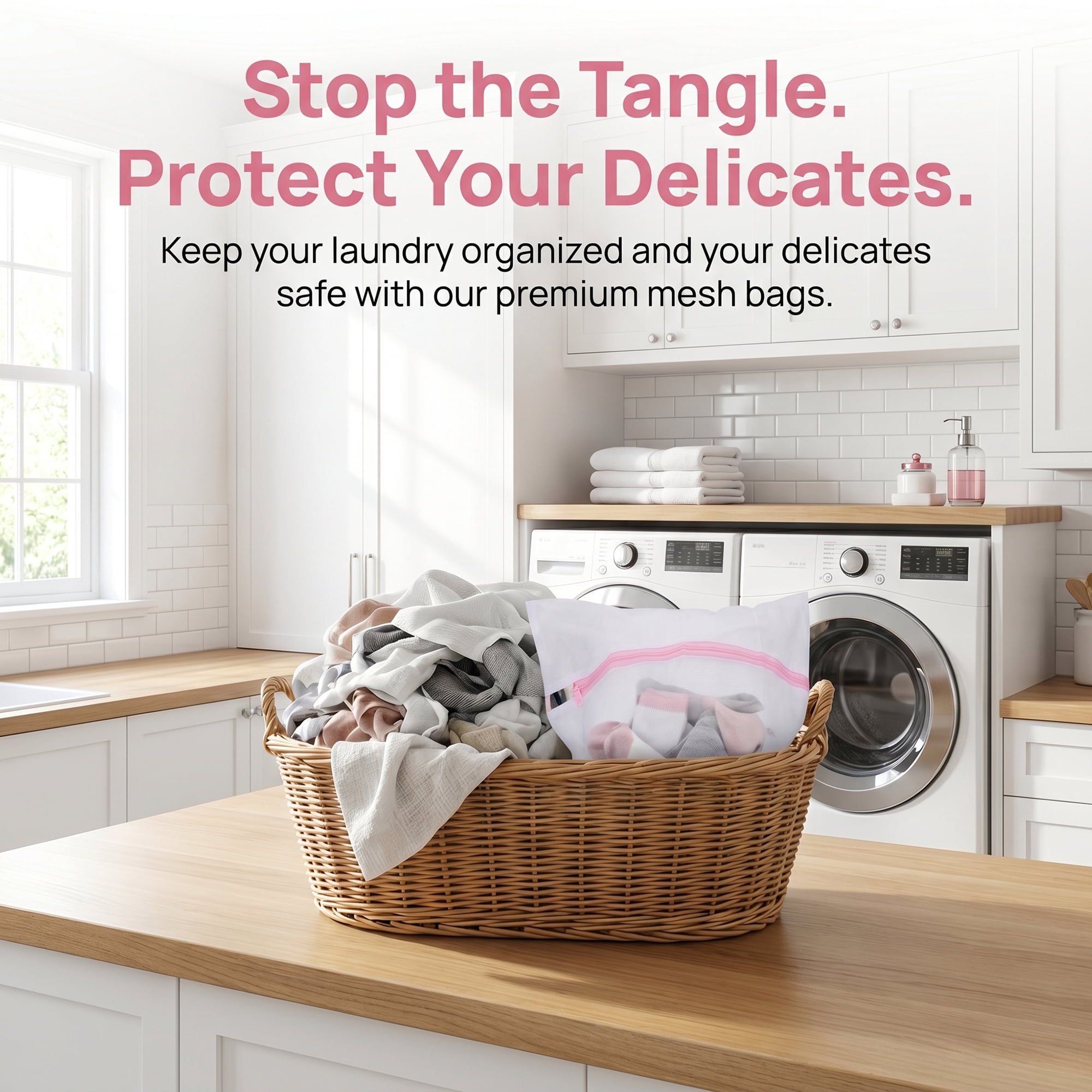Unique Bargains 3Pcs Durable Mesh Zipper Closure Laundry Bag White-Pink 9.1" x 11.8"