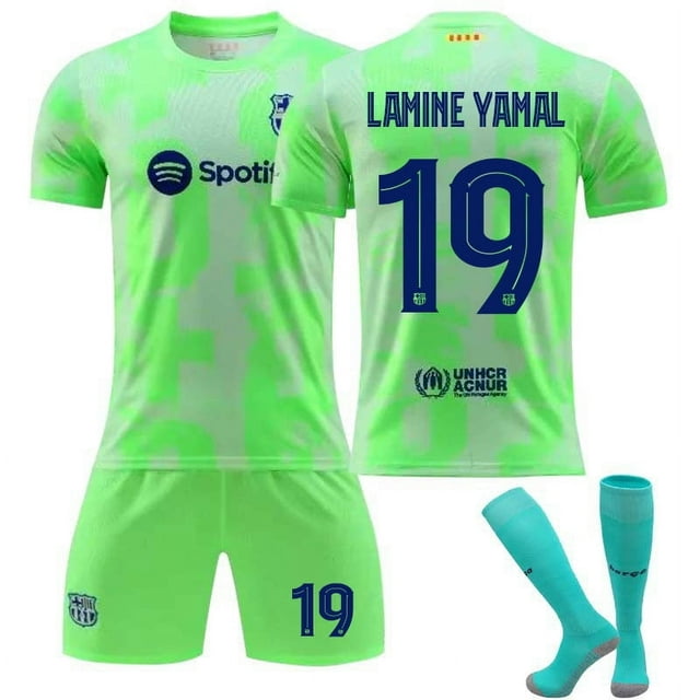 2425 Barcelona Maillot No 19 Yamal 20 Olmo Vert Fluorescent Enfants Adulte Réplique Nom de Joueur Maillot_h