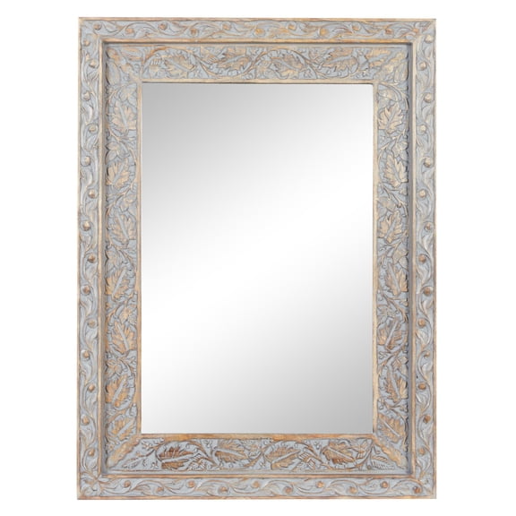 DecMode 36" x 48" Gray Handmade Intricately Carved Floral Wall Mirror