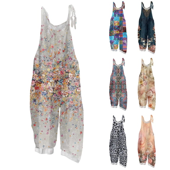 Women Vintage Tiny Floral Print Bib Overalls Loose Fit Cotton Linen Jumpsuit Casual Sleeveless Suspender Pants With Pockets L