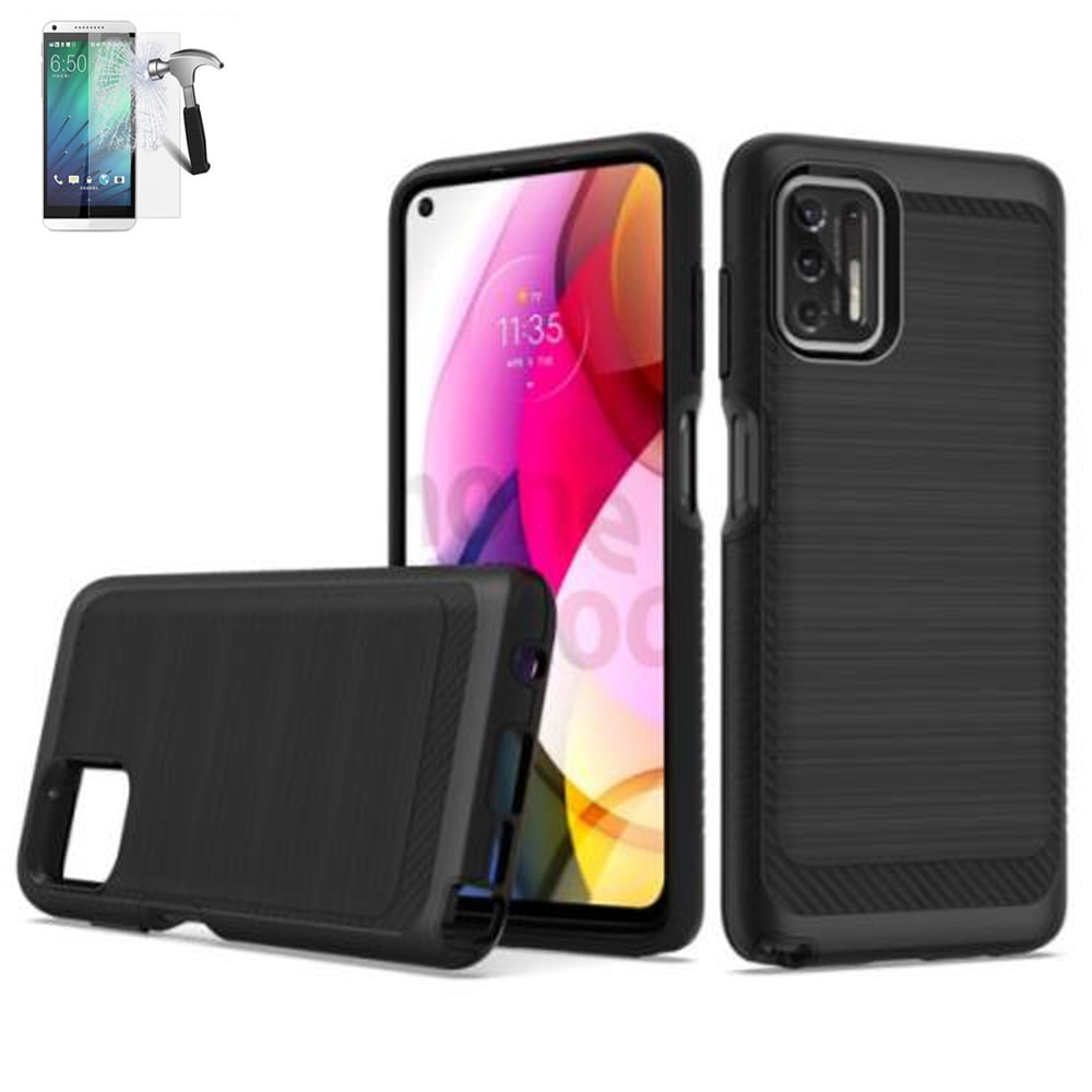 Phone Case For Moto G Stylus (6.8' XT2115DL) / Motorola G-Stylus 2021 Screen Protector / Shock Absorbing Hybrid Cover (Brush Black +Tempered Glass)