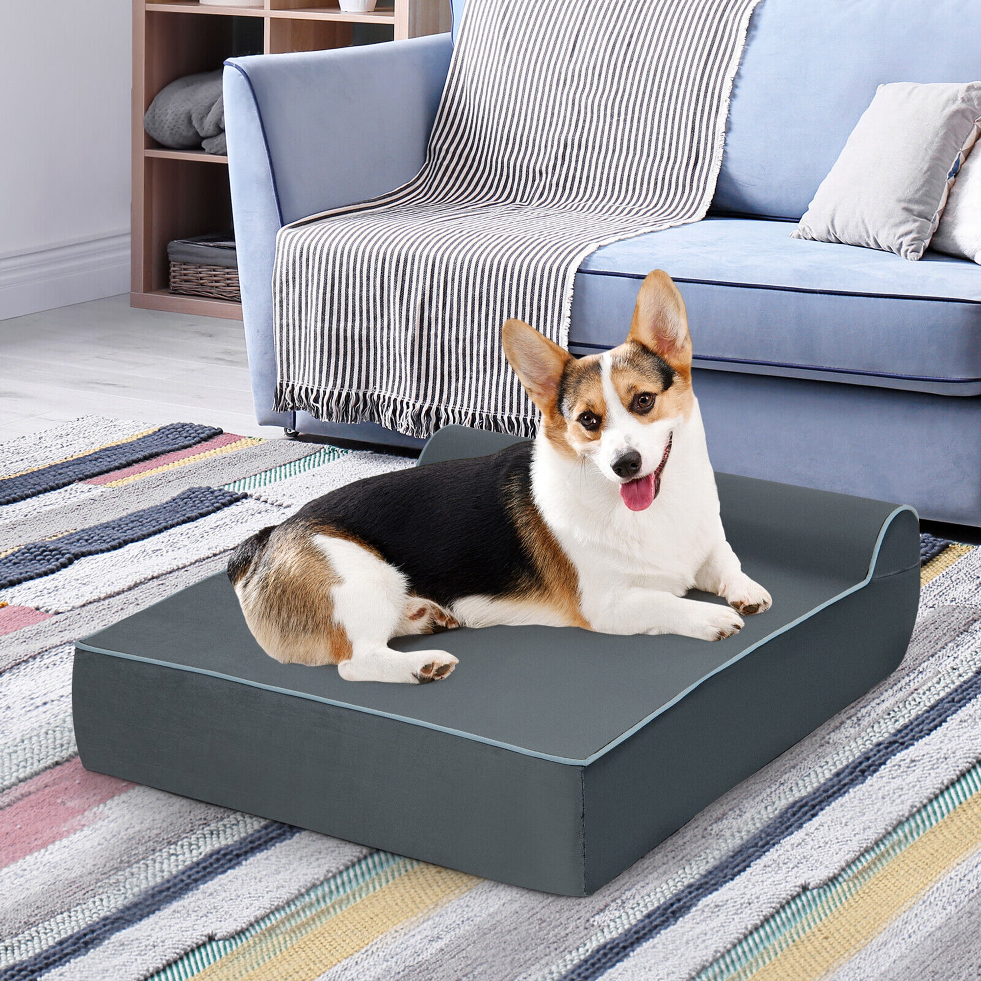 Gymax Memory Foam Orthopedic Dog Bed for Large Dogs w/ Headrest & Washable Cover Grey