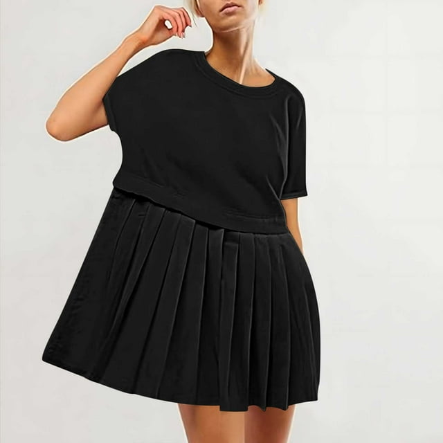 Weiqiqre Robes Décontractées pour Femmes, Robe Plissée Mignonne Unie pour Femmes, Tops à Manches Courtes Décontractés Patchwork, Robe Mini d'Été Ample et Surdimensionnée