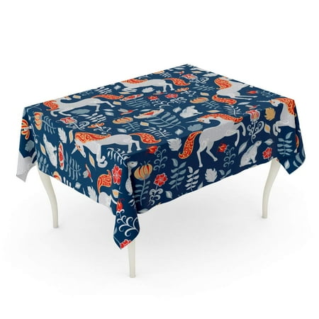 SIDONKU Pattern Unicorns Rabbits Birds Flowers on Blue Folk Spring Tablecloth Table Desk Cover Home Party Decor 52x70 inch