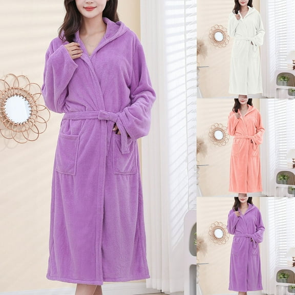 YHAJDS Winter Casual Pajama Suits For Women,Sleepwear For Women Pajama Set Home Wear Solid Color Cotton Terry Cloth Hooded Long Sleeve Robe With Pockets Quick Dry