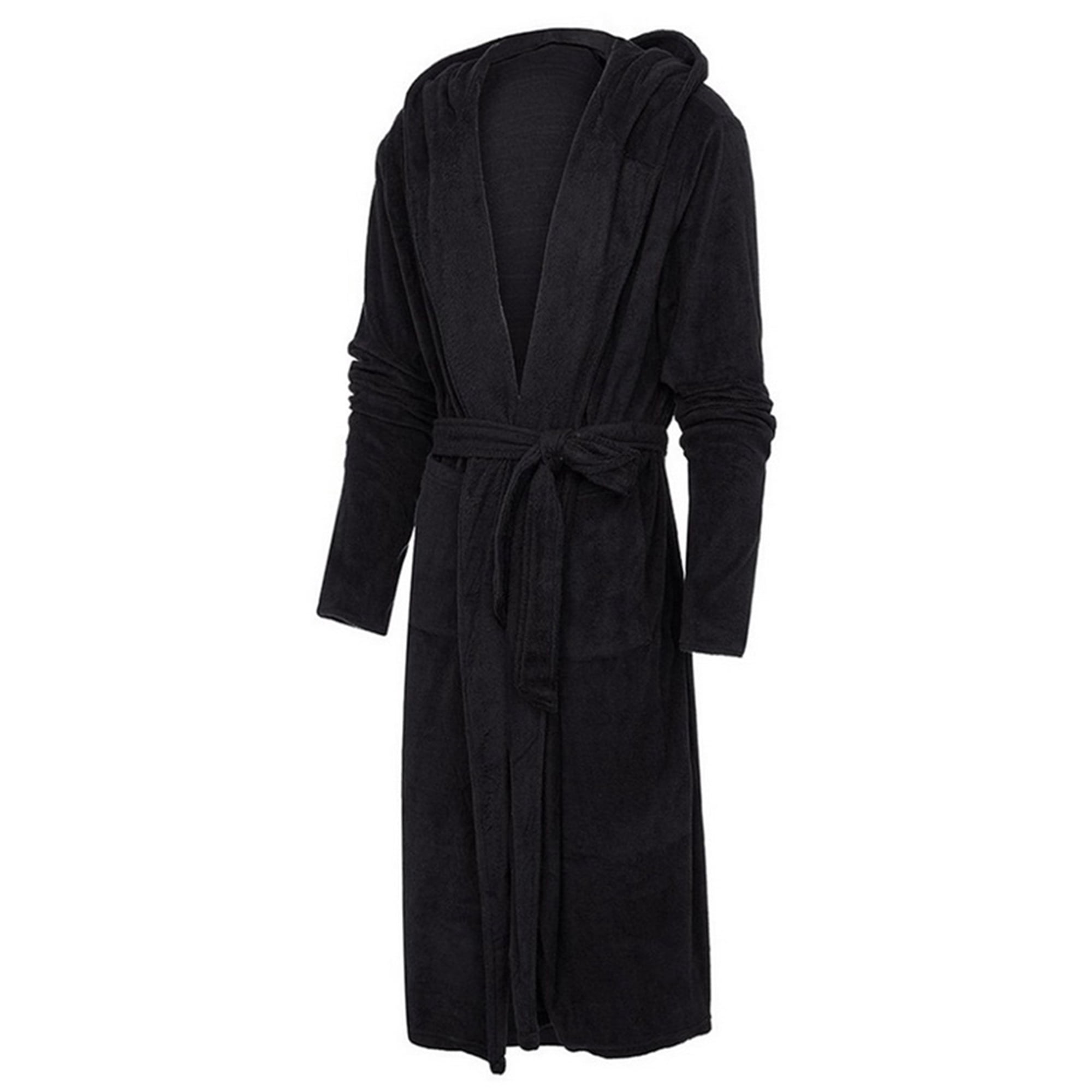 Luxur Men Dressing Gown Hooded Wrap Robe Long Sleeve Bath Robes Plain Nightwear Solid Color Towelling Black 2xl Black