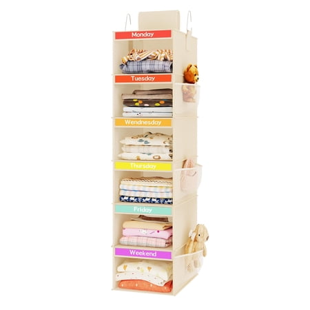 Fixwal 6-Shelf Weekly Hanging Closet Organizer for Kids, Kids Daily Clothes Organizers with 6 Side Pockets, Days of The Week Hanging Storage Shelves (Begie) C33