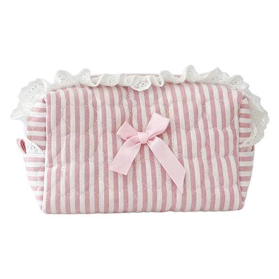 Cute Bow Makeup Bag, Pink Striped Quilted Cosmetic Bag with Ruffle, Portable Travel Toiletry Pouch for Women Girls