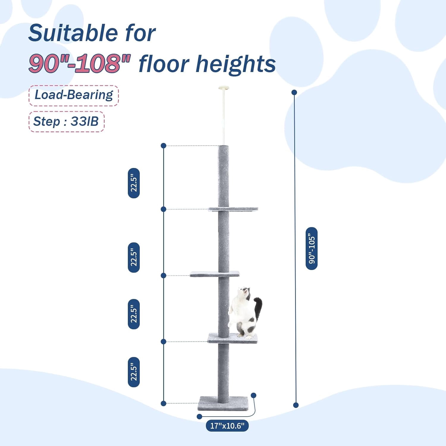 Cat Craft Floor to Ceiling 4-Level Cat Tree Tower, Adjustable to Fit 7.5-9 Foot Tall Ceiling, Gray